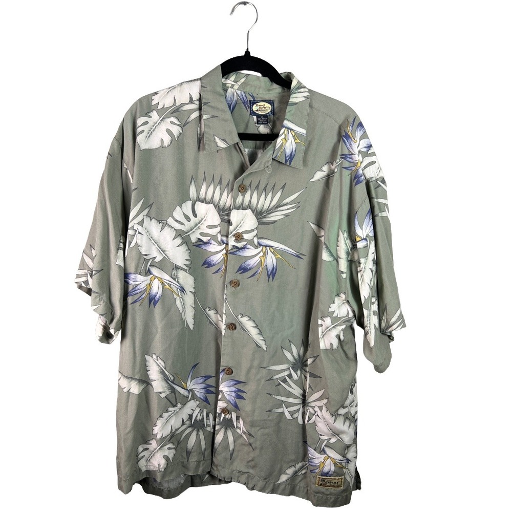 90s Tommy Bahama Silk Rayon Hawaiian Shirt Men XL Green Floral Coastal